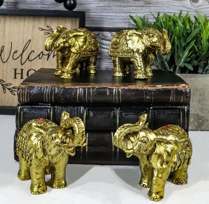 ebros gift Thai Golden Elephant Feng Shui Figurine Set Of 4 Trunk Raised Elephants 3.5"Long