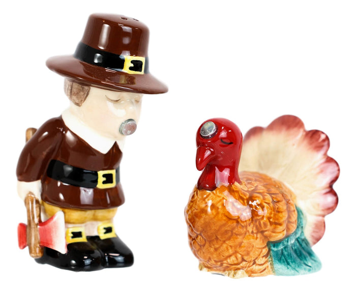 Ebros Gift Thanksgiving Pilgrim With Axe Kissing Turkey Ceramic Salt And Pepper Shakers Set