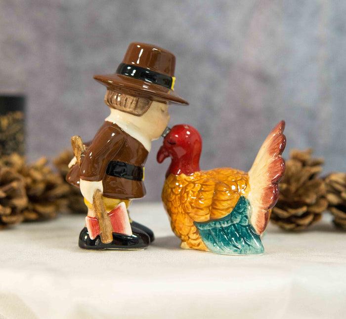 ebros gift Thanksgiving Pilgrim With Axe Kissing Turkey Ceramic Salt and Pepper Shakers Set