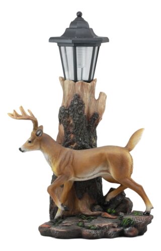 Ebros Gift The Emperor 12 Point Buck Deer Statue Rustic Forest Tree Solar LED Light Outpost