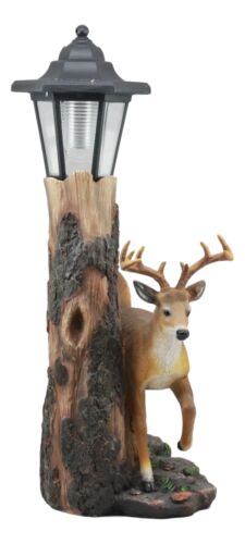 Ebros Gift The Emperor 12 Point Buck Deer Statue Rustic Forest Tree Solar LED Light Outpost