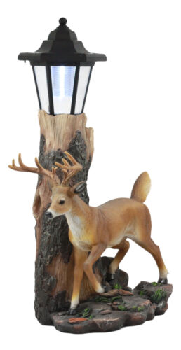 ebros gift The Emperor 12 Point Buck Deer Statue Rustic Forest Tree Solar LED Light Outpost