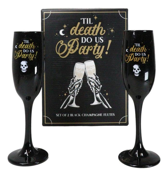 ebros gift Til Death Do Us Party Series Skull Face Black & Gold Glass Champagne Flute Set