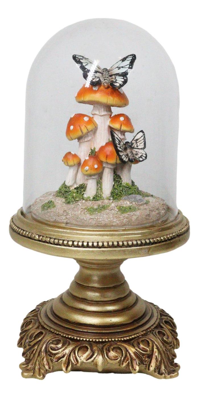 Ebros Gift Toadstool Mushrooms Forest With Monarch Butterflies In Glass Cloche Figurine 11"H