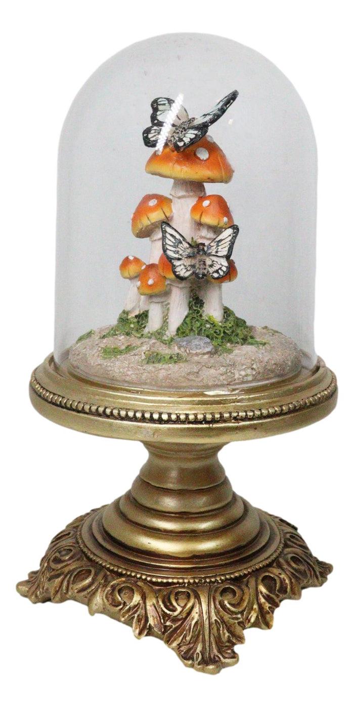 Ebros Gift Toadstool Mushrooms Forest With Monarch Butterflies In Glass Cloche Figurine 11"H