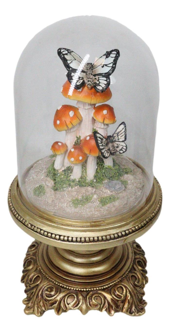 Ebros Gift Toadstool Mushrooms Forest With Monarch Butterflies In Glass Cloche Figurine 11"H