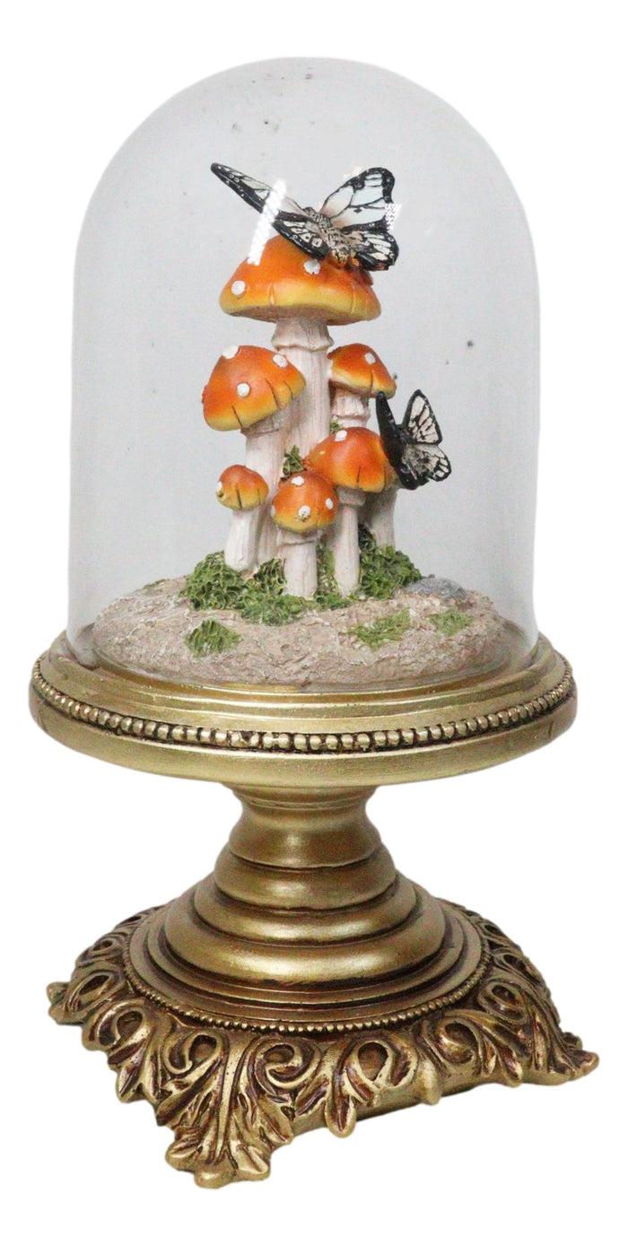 ebros gift Toadstool Mushrooms Forest with Monarch Butterflies in Glass Cloche Figurine 11"H