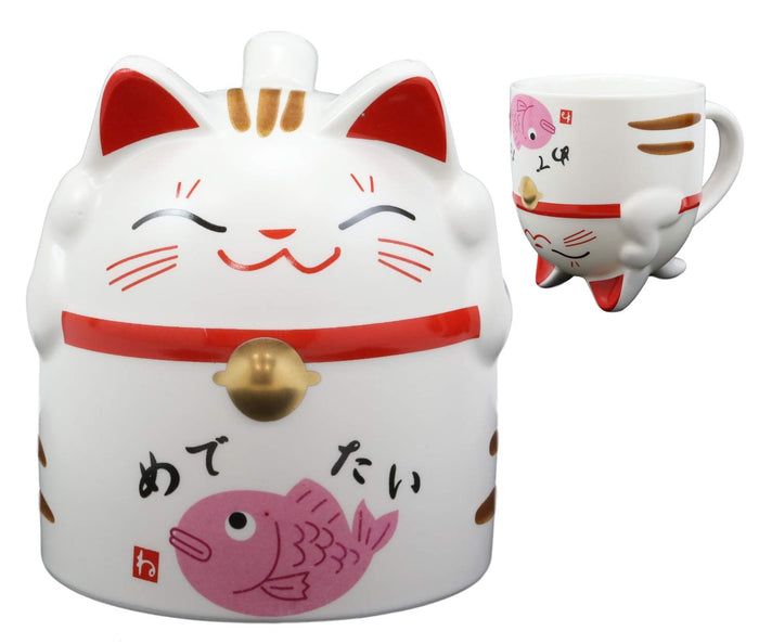 ebros gift Topsy Turvy Lucky Cat Maneki Neko With Pink Fish Belly Ceramic Coffee Mug