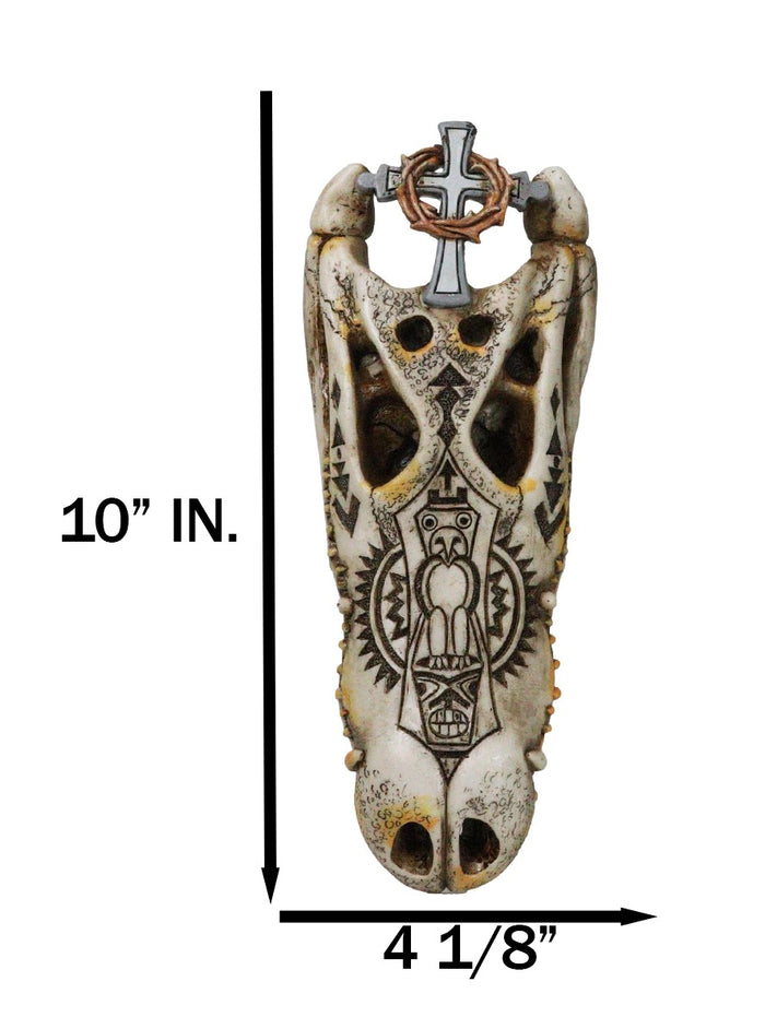 Ebros Gift Totem Tattoo Alligator Crocodile Skull With Crown Of Thorns Cross Wall Decor