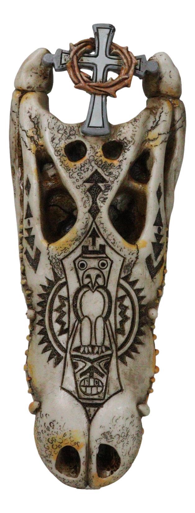 ebros gift Totem Tattoo Alligator Crocodile Skull with Crown of Thorns Cross Wall Decor