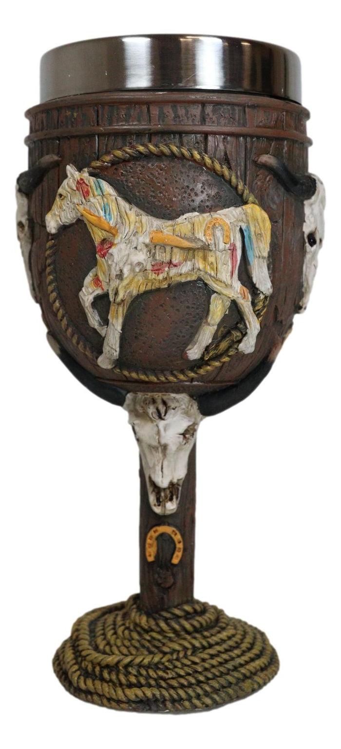 Ebros Gift Trail Of Painted Ponies Bunkhouse Bronco Horse With Longhorn Skulls Wine Goblet