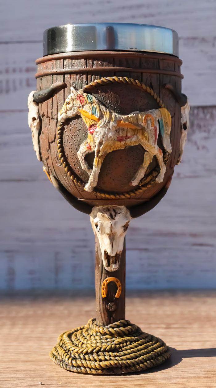 ebros gift Trail Of Painted Ponies Bunkhouse Bronco Horse With Longhorn Skulls Wine Goblet
