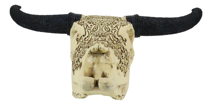 Ebros Gift Tribal Floral Vines Tooled Bison Bull Cow Skull With Horns Wall Decor Plaque