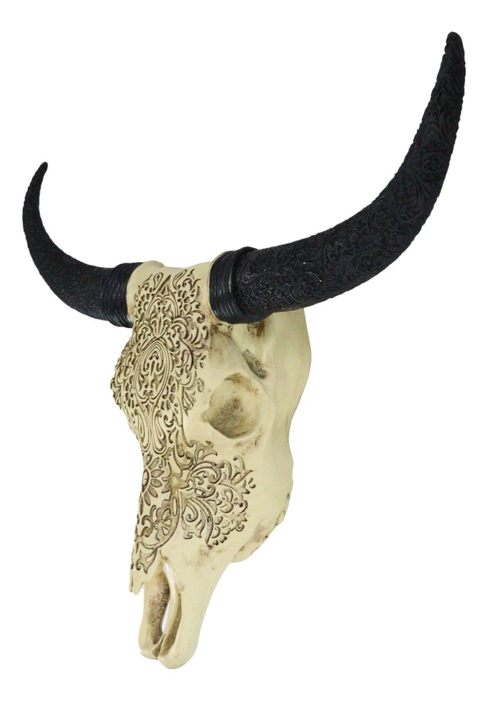 Ebros Gift Tribal Floral Vines Tooled Bison Bull Cow Skull With Horns Wall Decor Plaque