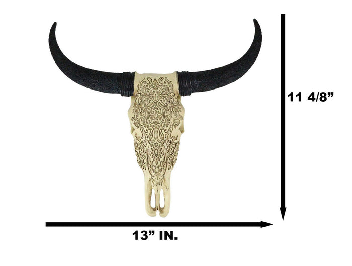 Ebros Gift Tribal Floral Vines Tooled Bison Bull Cow Skull With Horns Wall Decor Plaque