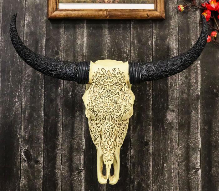 ebros gift Tribal Floral Vines Tooled Bison Bull Cow Skull With Horns Wall Decor Plaque