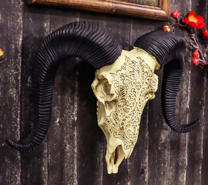 ebros gift Tribal Floral Vines Tooled Filigree Corsican Ram Cow Skull Wall Decor Plaque