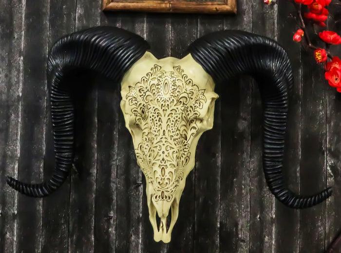 ebros gift Tribal Floral Vines Tooled Filigree Corsican Ram Cow Skull Wall Decor Plaque 11"