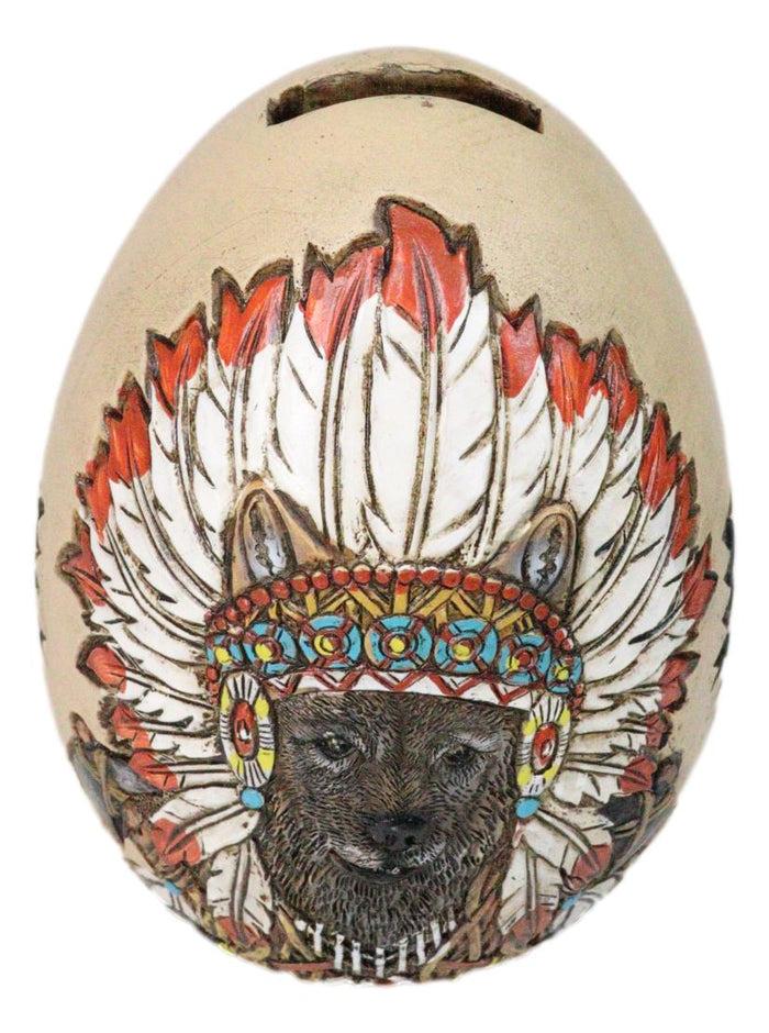Ebros Gift Tribal Indian Chief Wolf With Headdress Roach Egg Shaped Money Bank Figurine
