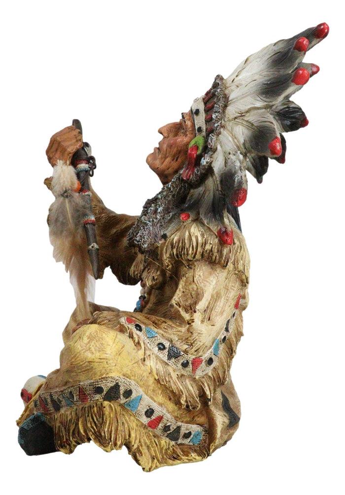 Ebros Gift Tribal Indian Tribal Chief With Headdress Roach Smoking Peace Pipe Figurine