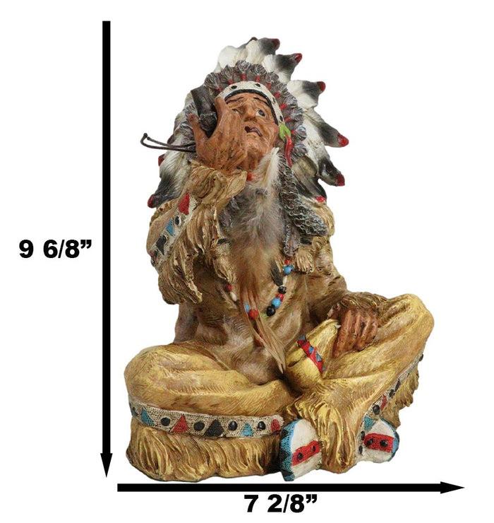 Ebros Gift Tribal Indian Tribal Chief With Headdress Roach Smoking Peace Pipe Figurine