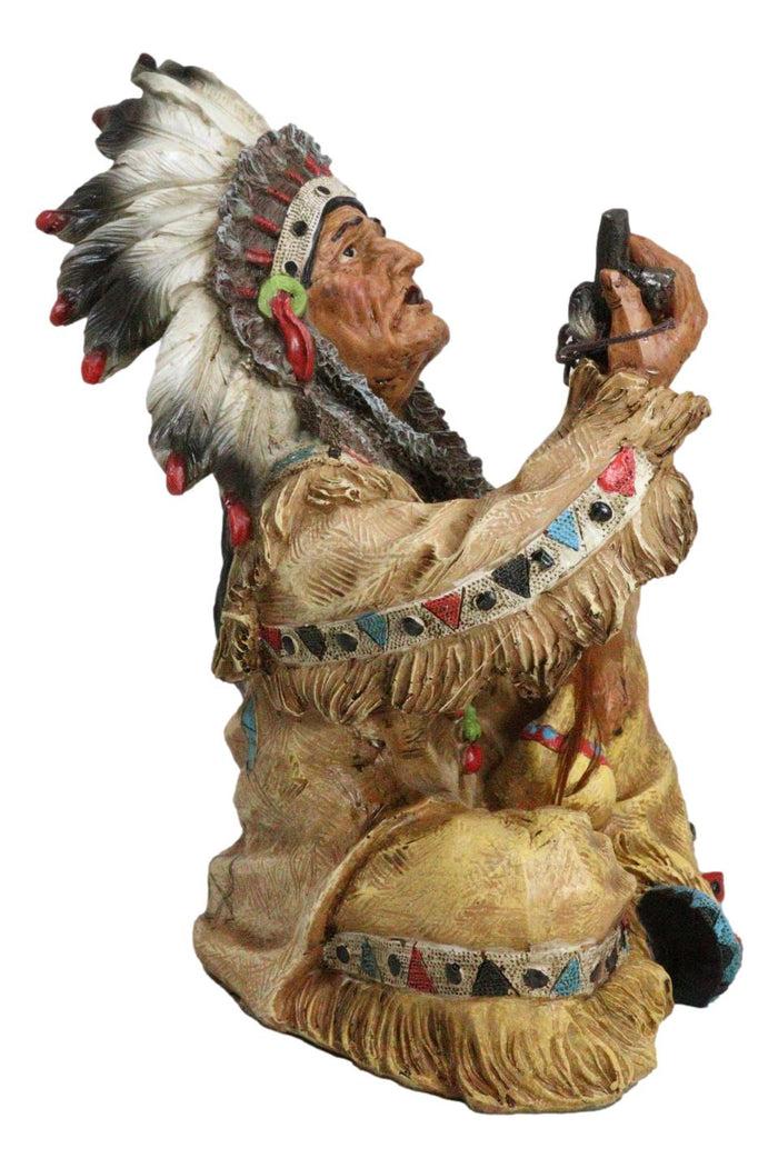 Ebros Gift Tribal Indian Tribal Chief With Headdress Roach Smoking Peace Pipe Figurine