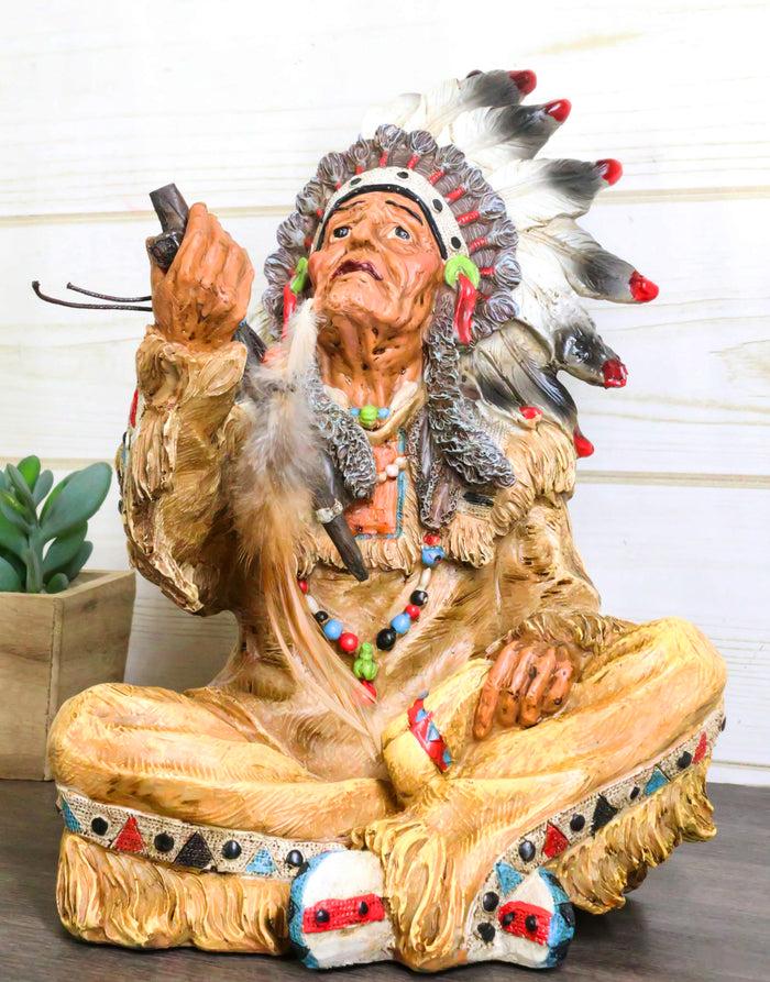 ebros gift Tribal Indian Tribal Chief With Headdress Roach Smoking Peace Pipe Figurine