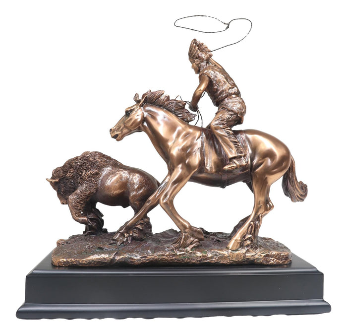 Ebros Gift Tribal Native American Indian Hunter On Horse Roping Juvenile Bison Bull Statue