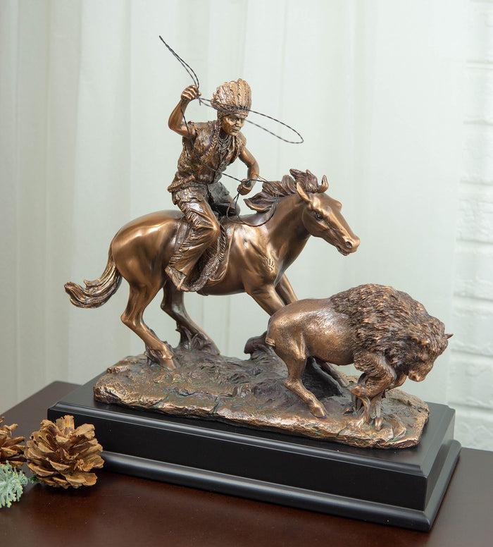ebros gift Tribal Native American Indian Hunter On Horse Roping Juvenile Bison Bull Statue