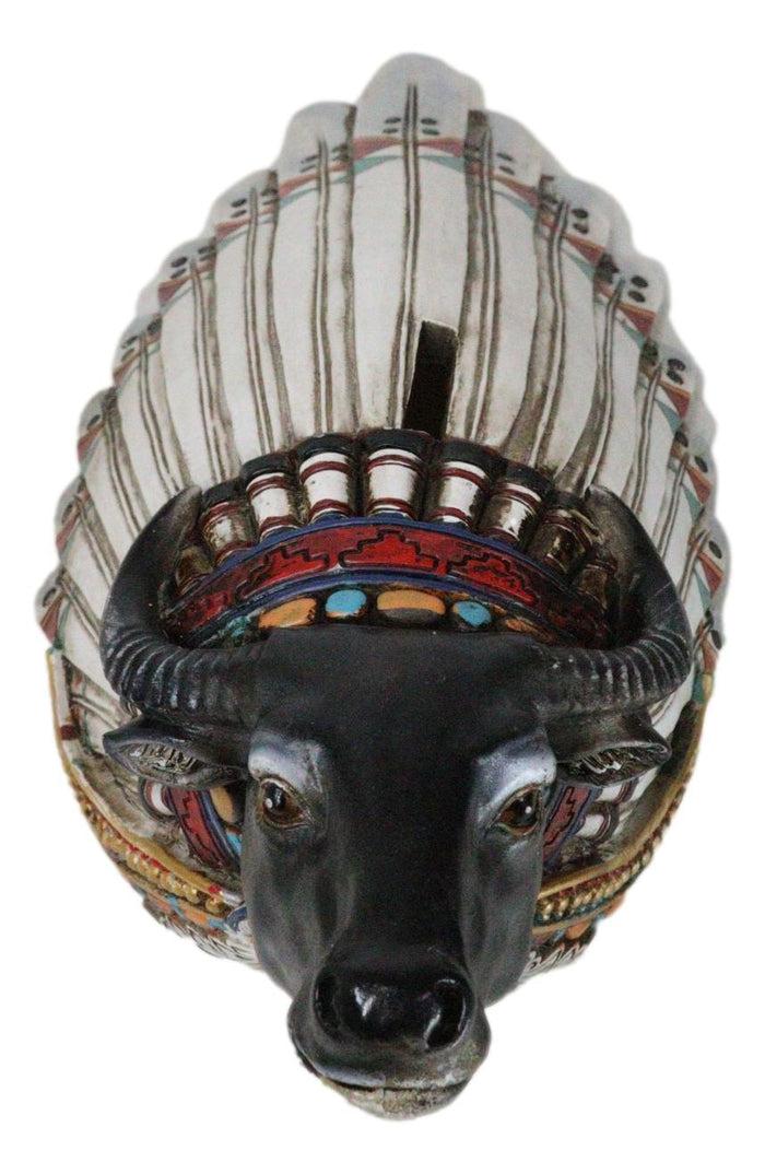 Ebros Gift Tribal Southwest Black Buffalo With Indian Chief Headdress Piggy Money Coin Bank