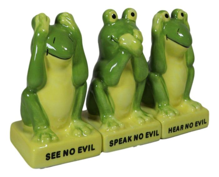 Ebros Gift Trio Green Frogs See Hear Speak No Evil Salt Pepper Shakers Toothpick Holder