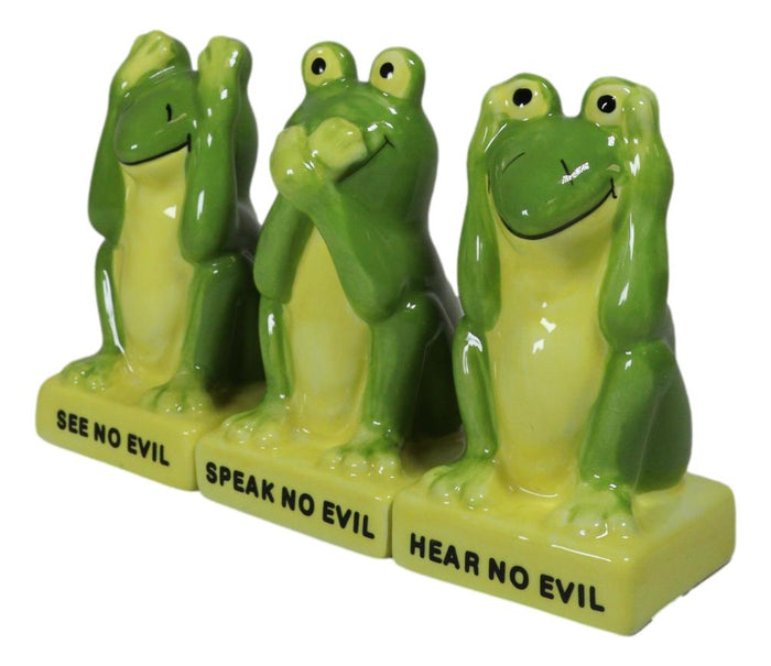 Ebros Gift Trio Green Frogs See Hear Speak No Evil Salt Pepper Shakers Toothpick Holder