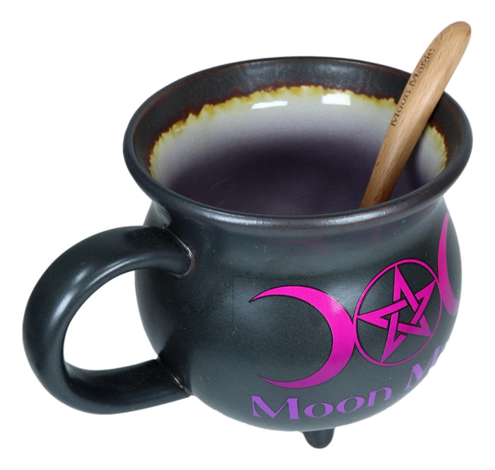 Ebros Gift Triple Moon Magic Witch Cauldron Ceramic Mug Or Bowl 32oz With Wooden Spoon