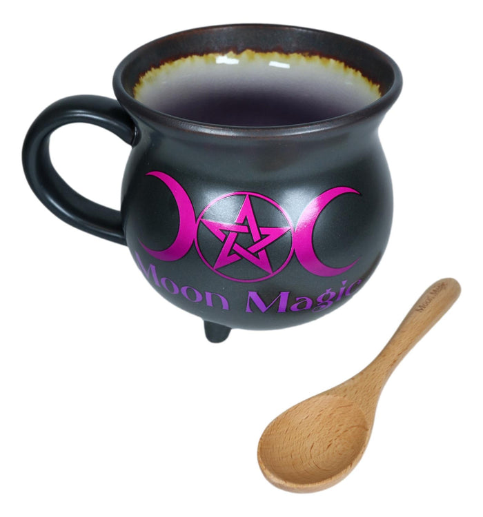 Ebros Gift Triple Moon Magic Witch Cauldron Ceramic Mug Or Bowl 32oz With Wooden Spoon