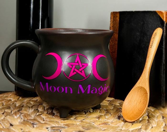 ebros gift Triple Moon Magic Witch Cauldron Ceramic Mug Or Bowl 32oz With Wooden Spoon