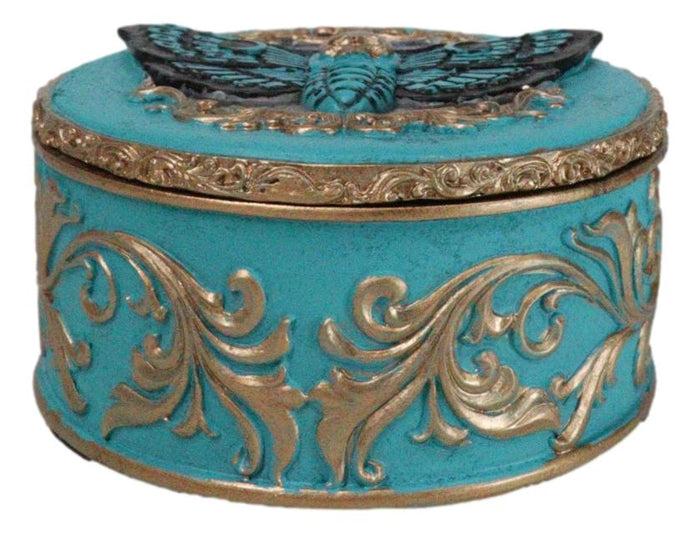 Ebros Gift Turquoise And Gold Scrollwork Death Moth Skull Decorative Trinket Jewelry Box