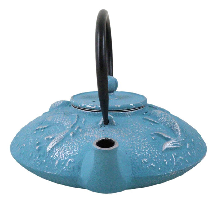 Ebros Gift Turquoise Blue Auspicious Koi Fishes Cast Iron Tetsubin Teapot With Enamel Liner