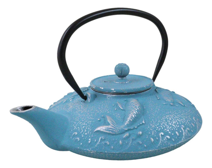 Ebros Gift Turquoise Blue Auspicious Koi Fishes Cast Iron Tetsubin Teapot With Enamel Liner