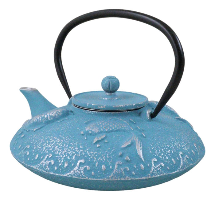 Ebros Gift Turquoise Blue Auspicious Koi Fishes Cast Iron Tetsubin Teapot With Enamel Liner