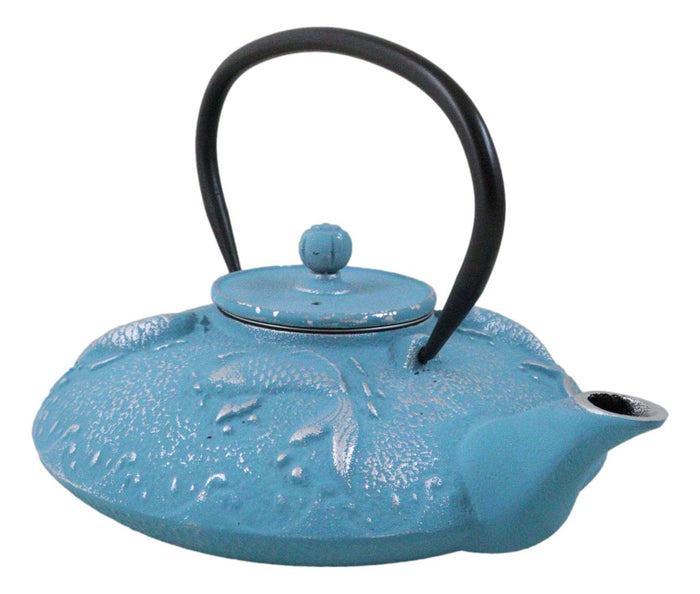 ebros gift Turquoise Blue Auspicious Koi Fishes Cast Iron Tetsubin Teapot With Enamel Liner