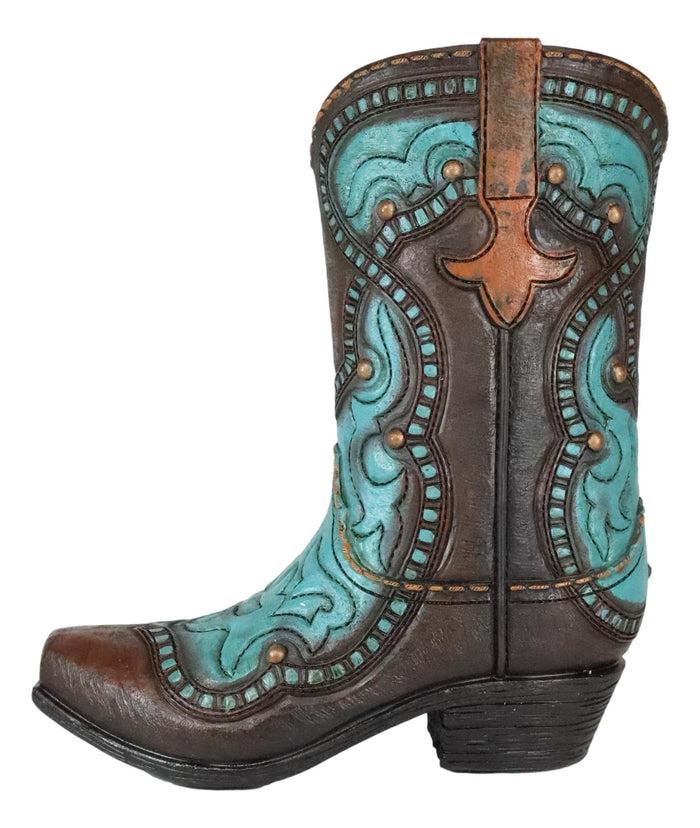 Ebros Gift Turquoise Floral Scroll Pattern Fleur De Lis Cowboy Boot Vase Planter Figurine