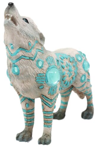 Ebros Gift Turquoise Heavens Native Tribal Howling Snow Wolf Totem Spirit Figurine 6.25"L