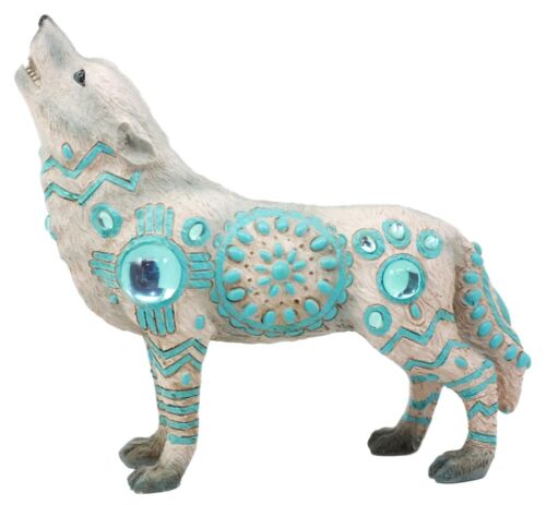 Ebros Gift Turquoise Heavens Native Tribal Howling Snow Wolf Totem Spirit Figurine 6.25"L