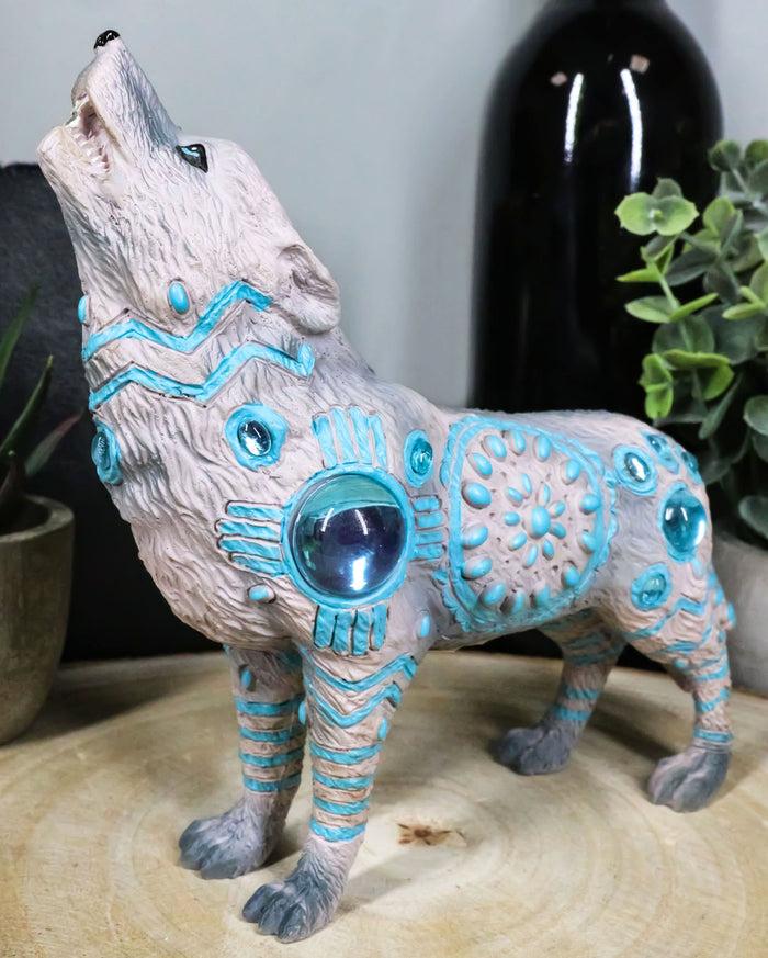 ebros gift Turquoise Heavens Native Tribal Howling Snow Wolf Totem Spirit Figurine 6.25"L