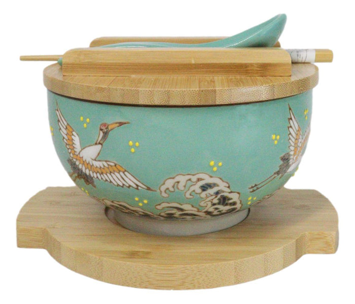 Ebros Gift Turquoise Japanese Crane Donburi Ramen Bowl With Lid Trivet Spoon Chopsticks Set