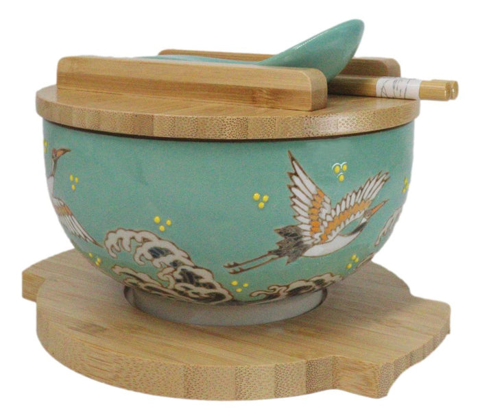 Ebros Gift Turquoise Japanese Crane Donburi Ramen Bowl With Lid Trivet Spoon Chopsticks Set