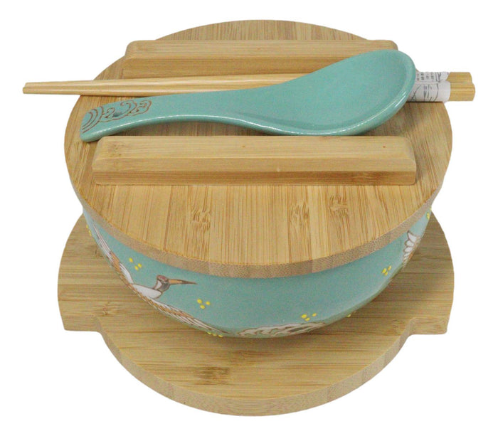 Ebros Gift Turquoise Japanese Crane Donburi Ramen Bowl With Lid Trivet Spoon Chopsticks Set