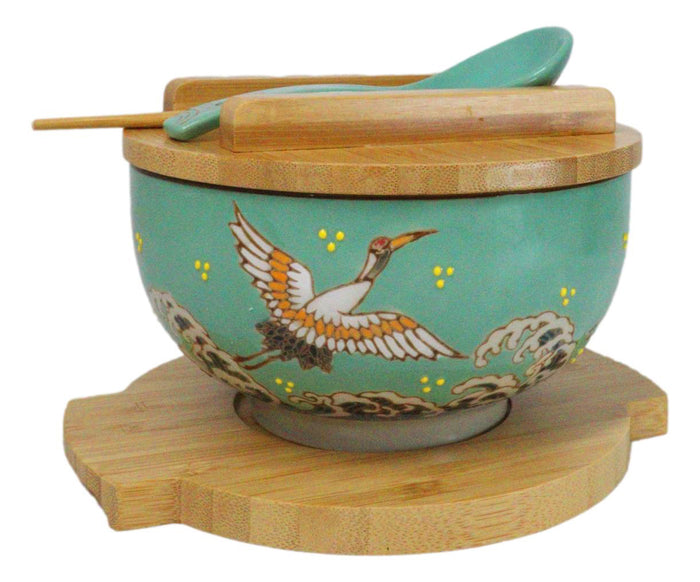 ebros gift Turquoise Japanese Crane Donburi Ramen Bowl With Lid Trivet Spoon Chopsticks Set