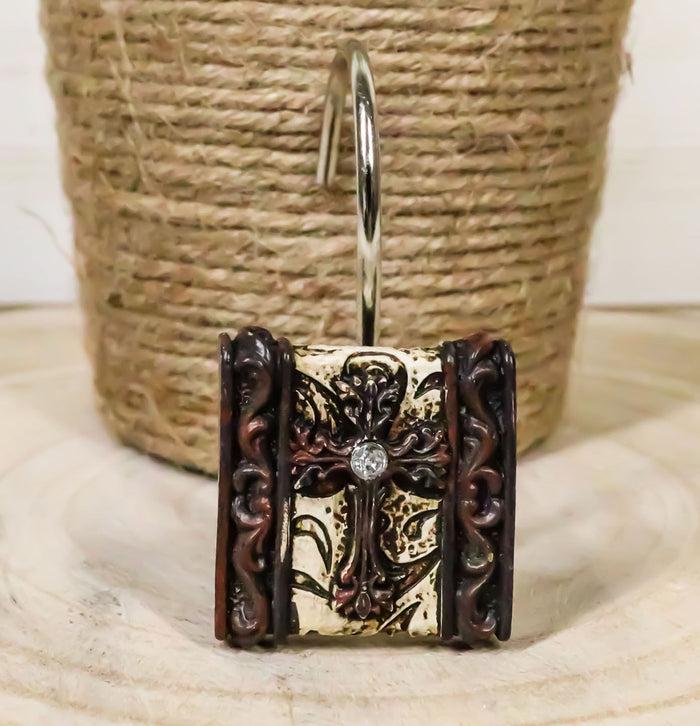 ebros gift Tuscany Scroll Cross On Brown and Beige Tones Bathroom Shower Curtain Hooks 12pk
