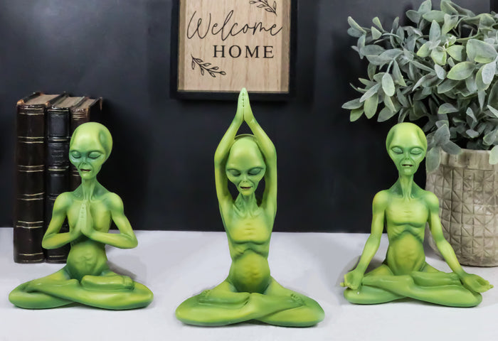 ebros gift UFO Green Roswell Alien ET Yoga Meditation Body Mind and Soul Sitting Figurines